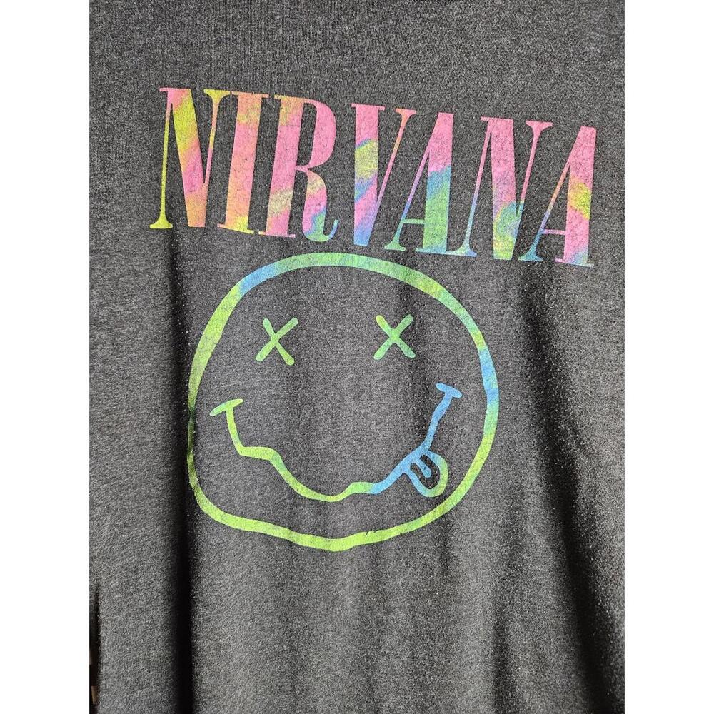 Nirvana Rainbow Smiley Face Graphic Tee Charcoal Gray Band Shirt - Picture 2 of 4